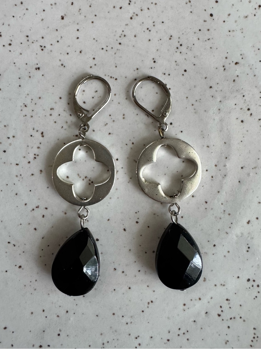 Silver-Tone Clover Drop Earrings with Black Teardrop Stones